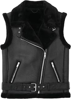 Women’s Black Shearling Faux Fur Double-Faced Warm Motorcycle Real Lambskin Leather Waistcoat