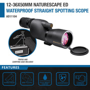 Naturescape 12-36x50 Straight Spotting Scope with Tripod And Premium Hard Case by Barska – One Size, Blend, Black, Model AD11104