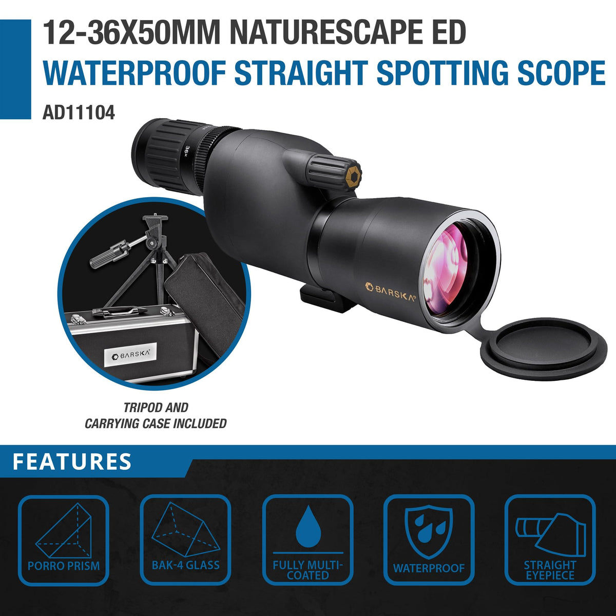 Naturescape 12-36x50 Straight Spotting Scope with Tripod And Premium Hard Case by Barska – One Size, Blend, Black, Model AD11104