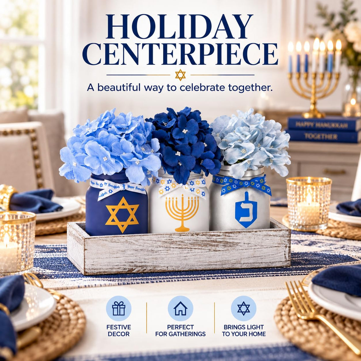 Kivivo Hanukkah Mason Jar Set, Blue Glass with Tray and Flowers