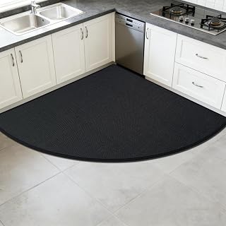 Corner Rug, High Density 3D Weaving Linen-Like Fabric L Shaped Rug, Rubber Backed Kitchen Rugs, Wear-Resistant, Stain-Resistant, Quick-Absorbing (Black, 2'8" x 2'8" (Semicircular))