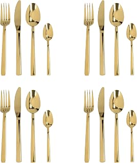Mikasa Diseno Gold Cutlery Set, Polished Stainless Steel, Knives, Forks, Spoons, Teaspoons, Dishwasher Safe, 16pc Set for 4