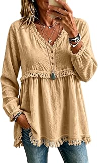Boho Tops for Women Cotton-Linen Vintage Solid Fringe Long Sleeve Shirts