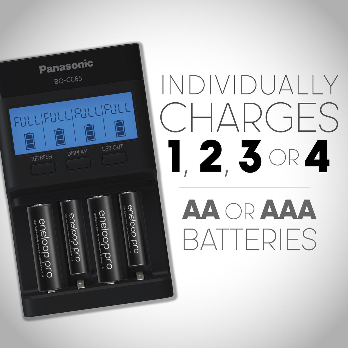 BQ-CC65AKBBA Super Advanced eneloop pro and eneloop 4-Position Quick Charger with LCD Indicator Panel and USB Charging Port by Panasonic – (Pack of 1), Black