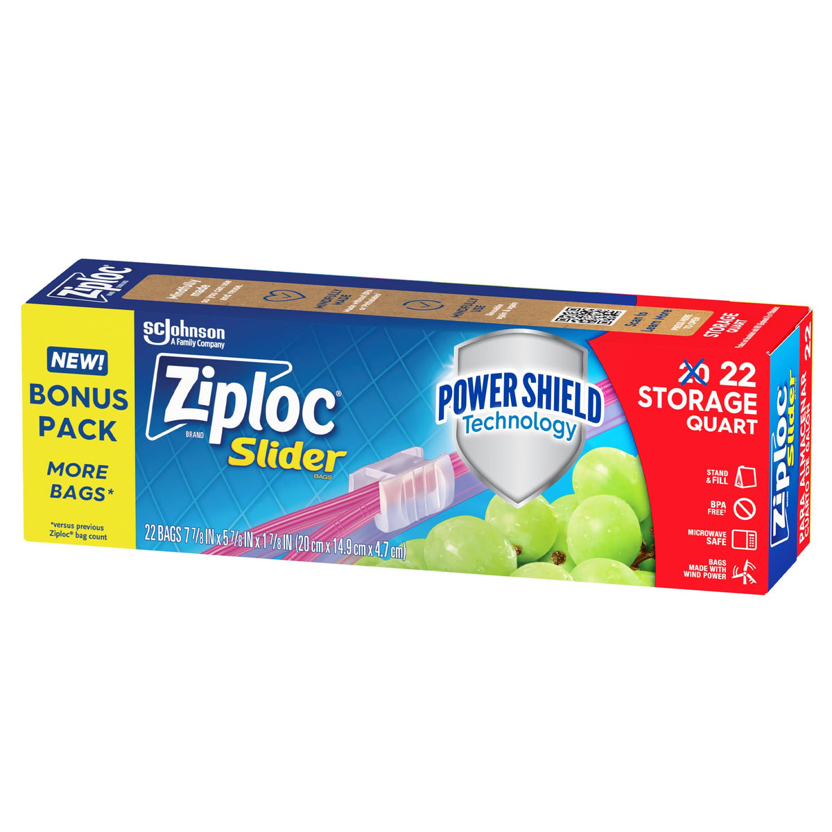 Quart Food Storage Slider Bags by Ziploc – 22 Count, 1.0 quarts, Plastic, Green, Model 383178