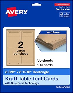 Avery Printable Rectangle Table Tent Cards, 3-3/8" x 3-11/16", Matte Kraft Brown, Sure Feed Technology, Print-To-The-Edge Capability, Laser/Inkjet Compatible, 100 Total