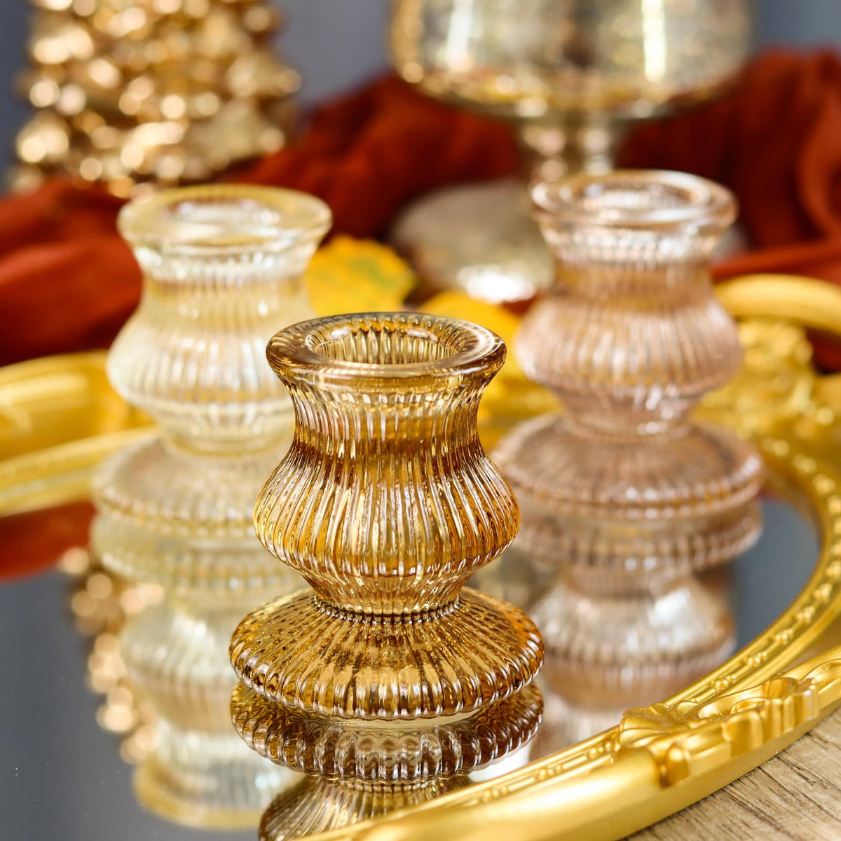 WDHODEC Glass Candlestick Holders, 12 Piece Set, Brown & Amber
