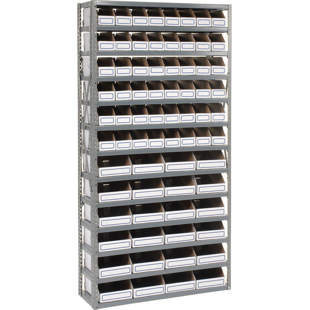 Open Bin Shelving w/13 Shelves & 72 White Bins by Global Industrial – 12"L x 36"W x 73"H, Alloy Steel, Grey, Model 235006