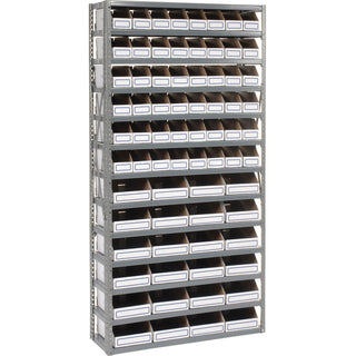 Open Bin Shelving w/13 Shelves & 72 White Bins by Global Industrial – 12"L x 36"W x 73"H, Alloy Steel, Grey, Model 235006