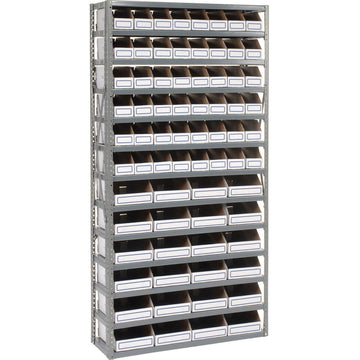 Open Bin Shelving w/13 Shelves & 72 White Bins by Global Industrial – 12"L x 36"W x 73"H, Alloy Steel, Grey, Model 235006