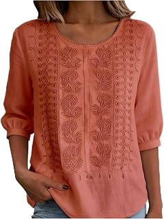 Boho Tops for Women - Plus Size Embroidered Cotton Linen Shirts 3/4 Sleeve Crewneck Casual Vacation Peasant Blouses