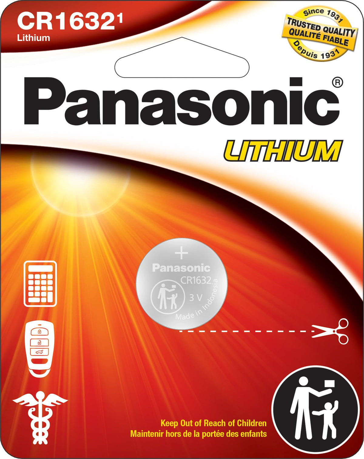 CR1632 3.0 Volt Long Lasting Lithium Coin Cell Batteries in Child Resistant by Panasonic – Model CR1632PA/1BL