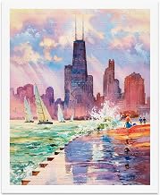 Oak Street Beach Chicago Fine Art Giclée Print – Watercolor Painting Reproduction, City Wall Art Decor (Art Print only, 22x28)