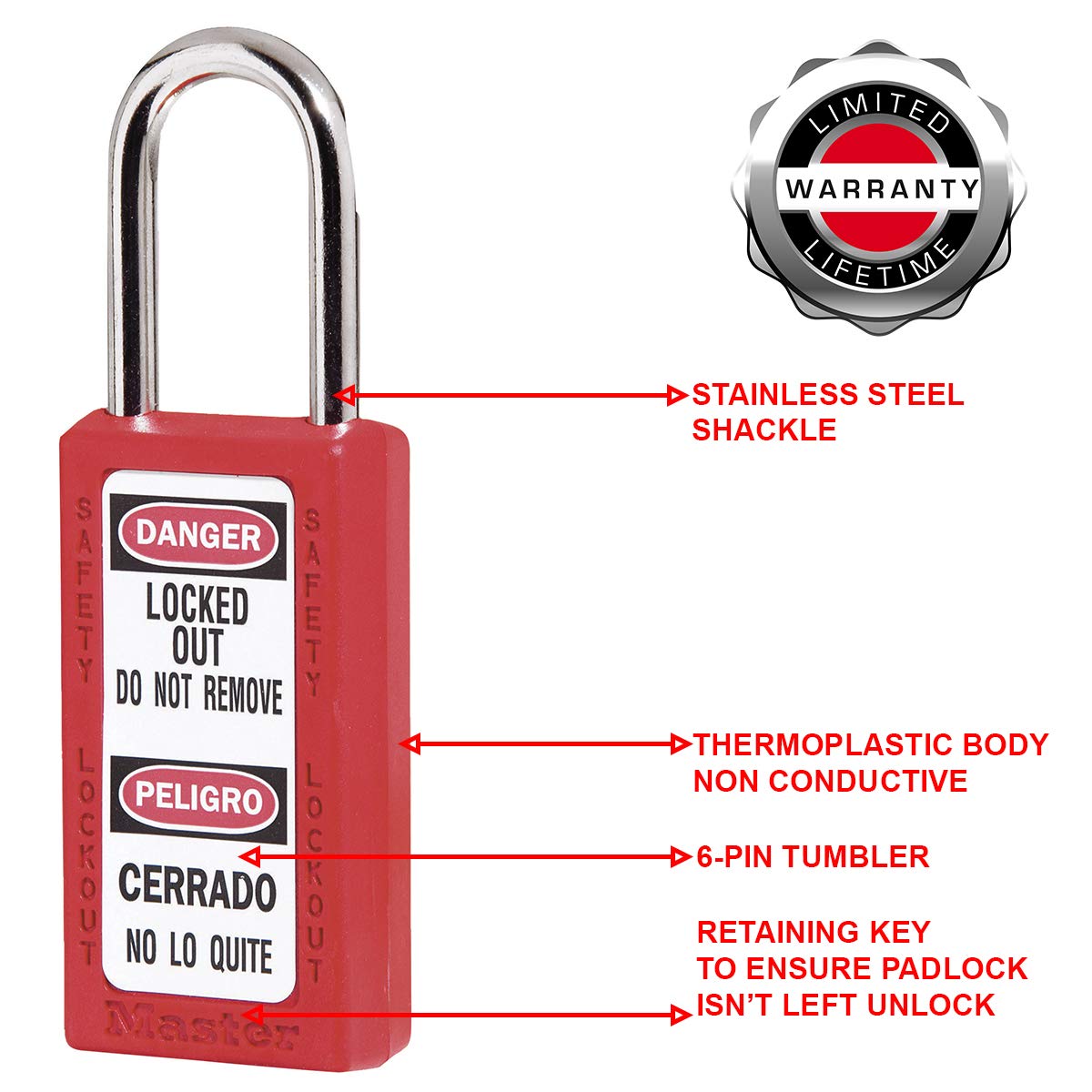 Master Lock Red / 5.25"L x 1.5"W x 3"H / Industrial Keyed Padlocks