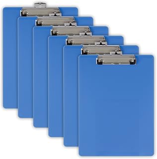 Officemate Plastic Clipboard, 9 x 12.5-Inches, Letter Size Recycled Document Holder with Low-Profile Metal Clip, Retractable Hanging Hole, Arctic Blue, Pack of 6