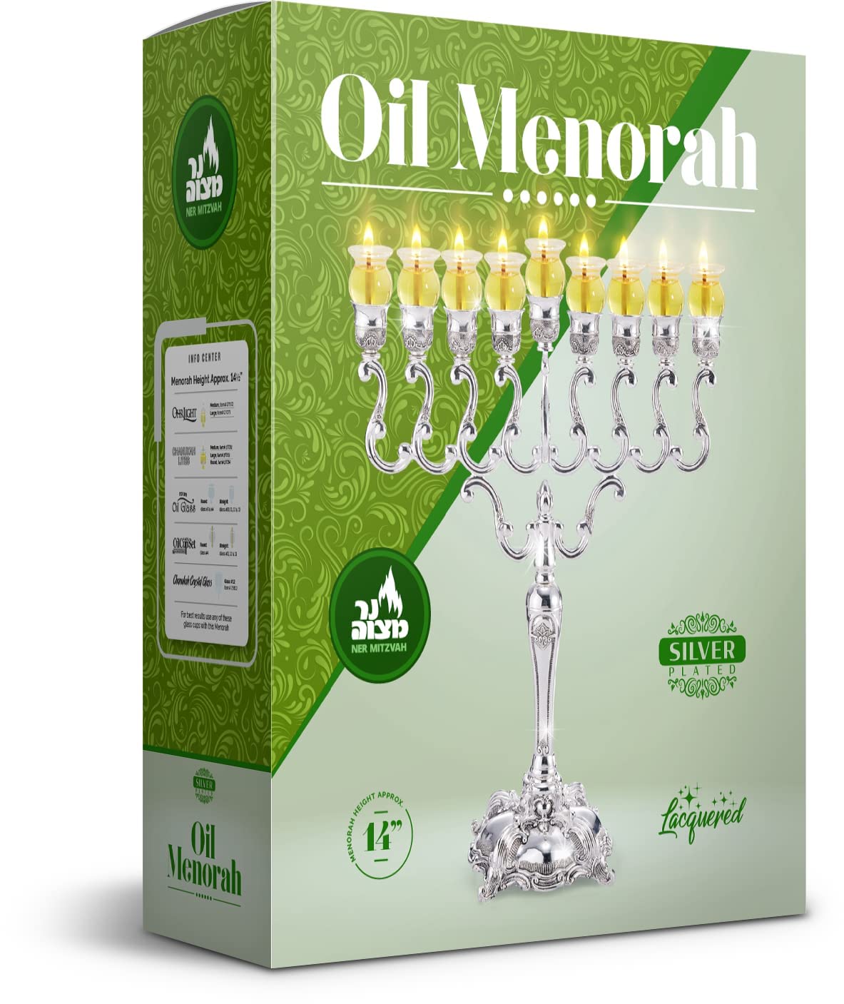 Ner Mitzvah Silver Oil Menorah, Olive Branches, 14 Inches High