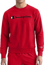 Champion Men’s Powerblend Crewneck Sweatshirt,Classic Script Logo, Tango Red - Classic Script Logo, Large