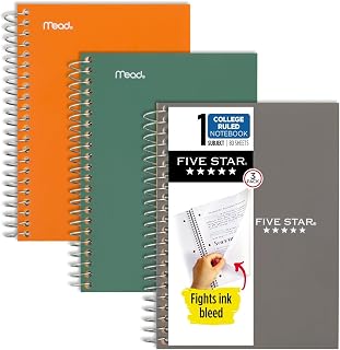 Five Star Spiral Notebooks, 3 Pack, 1 Subject, College Ruled Paper, 7" x 4-3/8", Personal Size, 80 Sheets, Green, Orange, Gray (450048D-ECM)