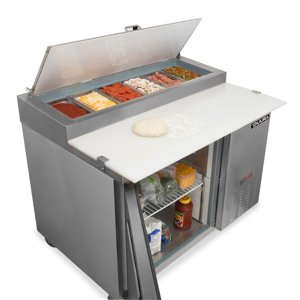MXCPP50HC Commercial Refrigerated Pizza Prep Station Stainless Steel Construction with 6 4-Inch Pans and Food Grade Cutting Board by MAXX Cold – 12 cubic feet, Model DVP50
