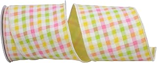 Reliant Ribbon Ribbon - Check Pastel Bright Seersucker Wired Edge Ribbon, Multi, 4 Inch, 10 Yards