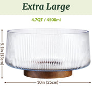 NiHome Glass Salad Bowl, Extra Large with Acacia Wood Base and Utensils, Transparent