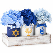 Kivivo Hanukkah Mason Jar Set, Blue Glass with Tray and Flowers