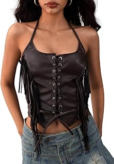 Women's Western Fringe Halter Corset Top Cowgirl Lace Up Tie Back Tops