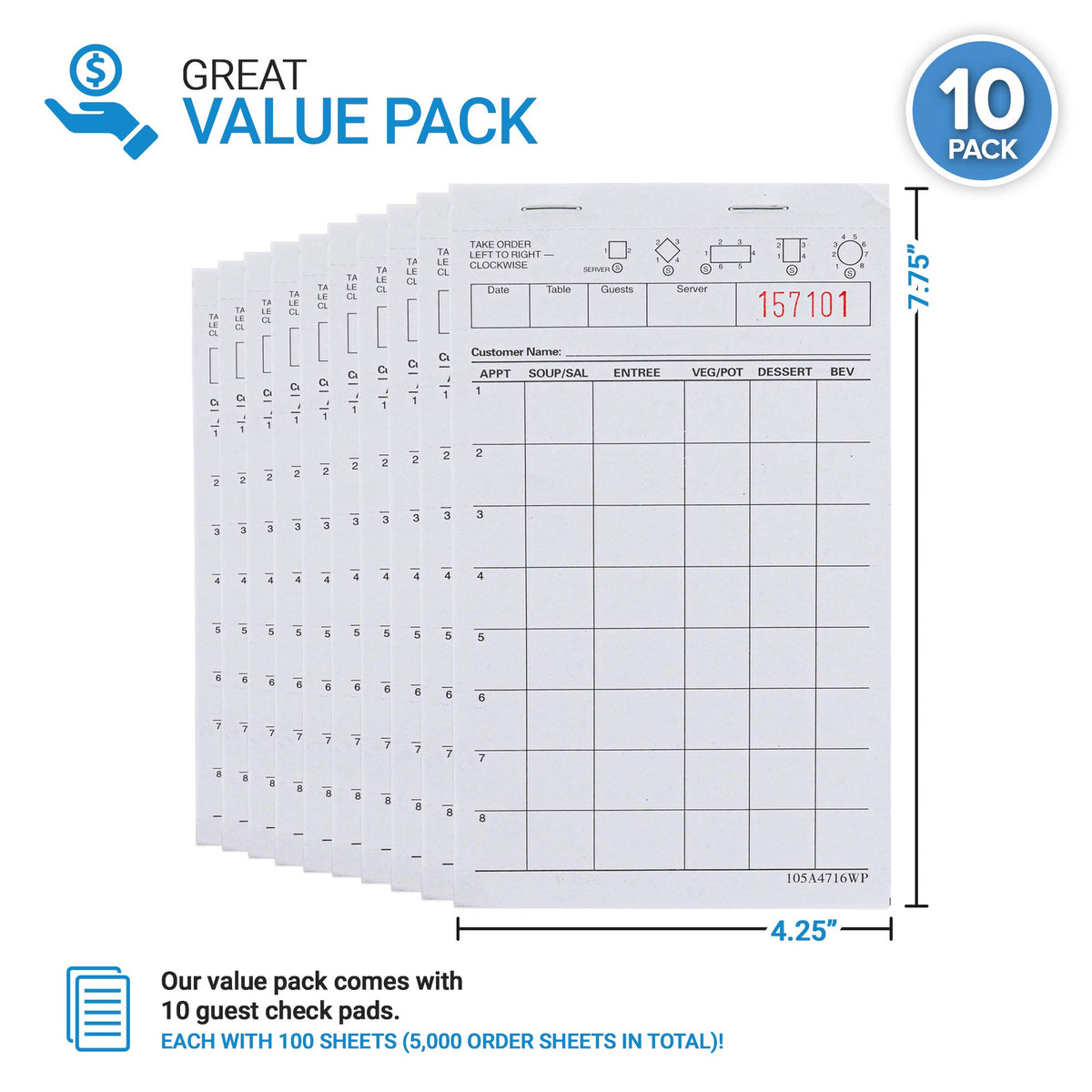 White Guest Check Pads (100 Count) - 1 Part Guest Check Pads - Server Notepads and Waitress Order Pads - Check Pads for Diners by Stock Your Home – 4.25 x 7.75, Paper, Model 1690