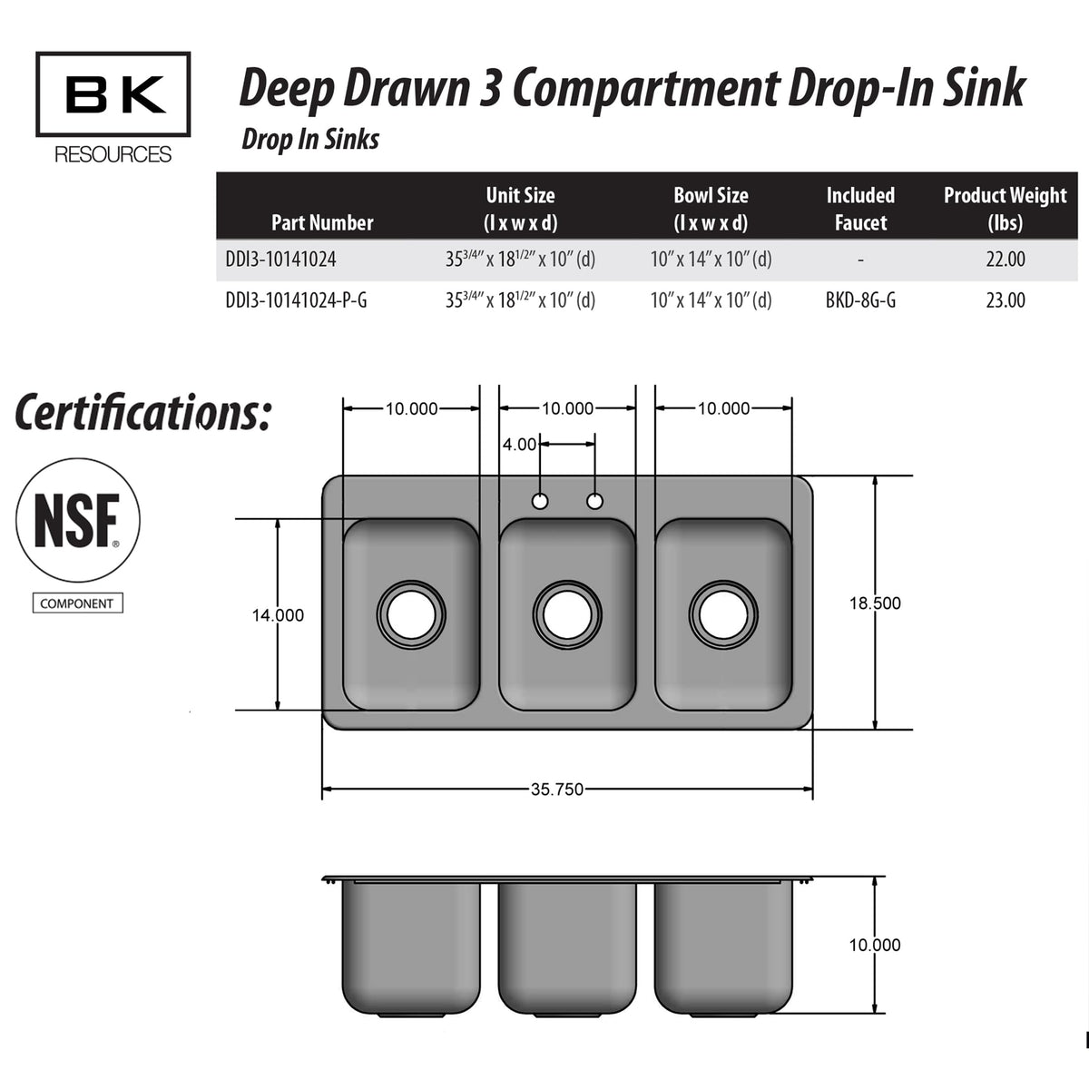 BK Resource W/out Faucet / 10 x 14 x 10 inches / Silver Single Bowl