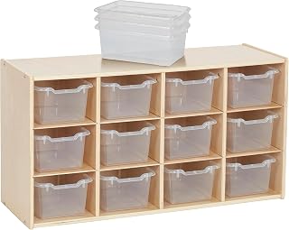 ECR4Kids 12 Cubby Tray Cabinet with Bins, 3x4, Natural, Clear