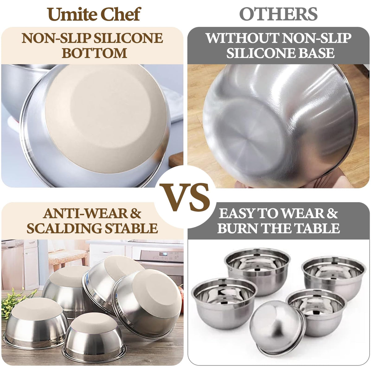 Umite Chef Nesting Mixing Bowls, Stainless Steel with Lids and Graters, 5 Piece Set in Khaki