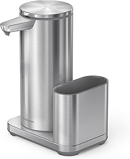 simplehuman Liquid Sensor Pump with Caddy, 14 oz Automatic Soap Dispenser for Kitchen Sink, Motion Sensor, Variable Dispense, Battery Powered, Integrated Sponge Holder, Brushed Stainless Steel