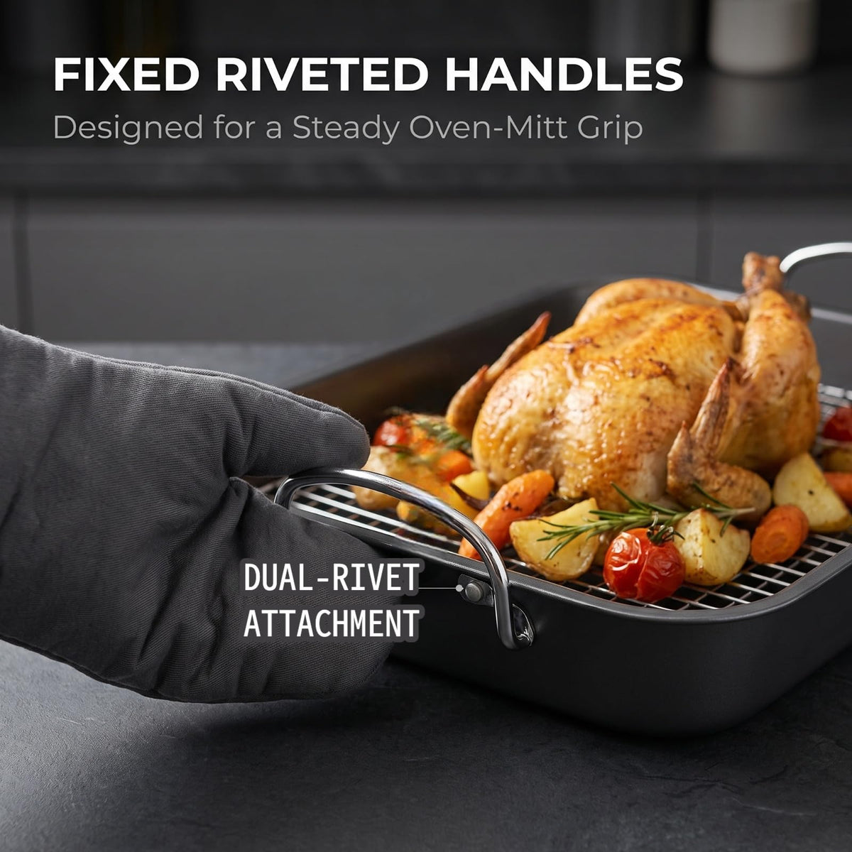 Yunnkeey Roasting Pan with Rack, Carbon Steel Nonstick, Black
