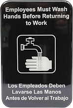 TableCraft 695654 Employees Must Wash Hands Sign, English and Spanish, Rectangular, ADA Compliant, Raised Text and Braille, Self-Adhesive Backing, 6" x 9", Black and White