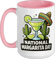 National Margarita Day Fiesta Lime Cactus Celebration Ceramic Mug, Pink/White, 15oz