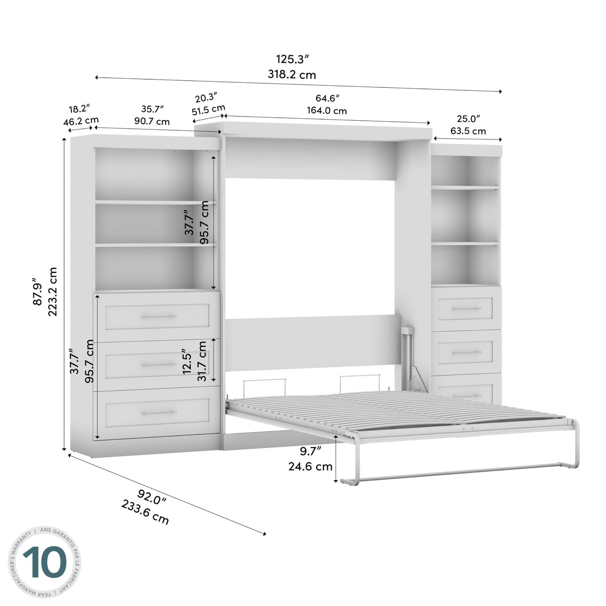 Queen Murphy Bed and 2 Shelving Units with Drawers by Bestar – Queen, Engineered Wood, Linen White Oak, Model 26879-17