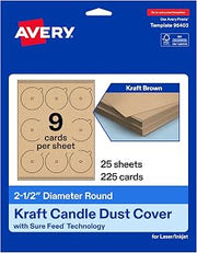Avery Printable Round Candle Dust Covers, 2.5" Diameter, Matte Kraft Brown, Sure Feed Technology, Print-To-The-Edge Capability, Laser/Inkjet Compatible, 225 Total, Ideal for Packaging, and Displays