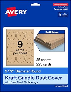 Avery Printable Round Candle Dust Covers, 2.5" Diameter, Matte Kraft Brown, Sure Feed Technology, Print-To-The-Edge Capability, Laser/Inkjet Compatible, 225 Total, Ideal for Packaging, and Displays