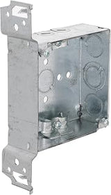 RACO 223 1-1/2-Inch Deep Square Electrical Box, Welded with FM Stud Bracket-Flush, (2) 1/2-Inch & (1) TKO (1/2&/3/4-Inch) Eccentric Side Knockouts, (4) NMSC Cable Clamps, 4-Inch