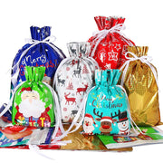 HRX Package Christmas Drawstring Gift Bags, 30 Count in 4 Sizes, Assorted Foil Designs