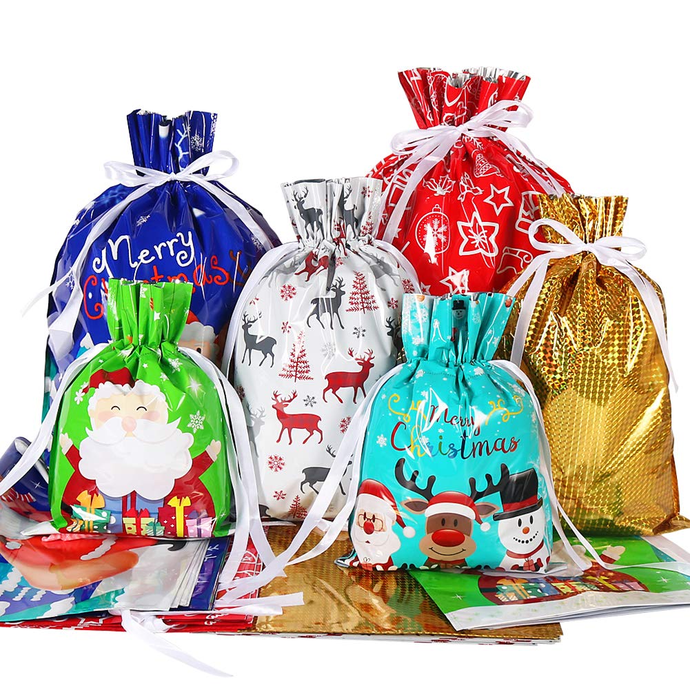 HRX Package Christmas Drawstring Gift Bags, 30 Count in 4 Sizes, Assorted Foil Designs