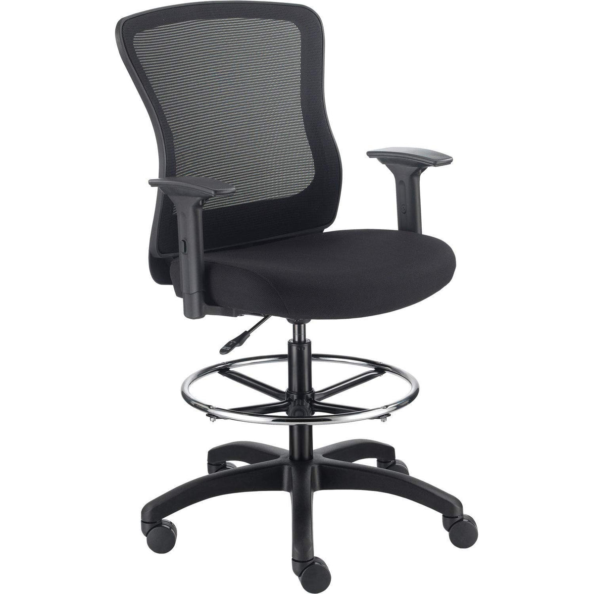 Interion Mesh Back Task Stool with Adjustable Arms by Global Industrial – 20.5"W x 19.5"D x 48.75" to 50.75"H, Textile, Black, Model DR-625F-376BK