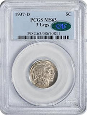 1937 D Buffalo 3 Legs Nickel, CAC Verified PCGS MS63