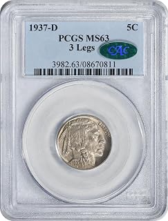 1937 D Buffalo 3 Legs Nickel, CAC Verified PCGS MS63