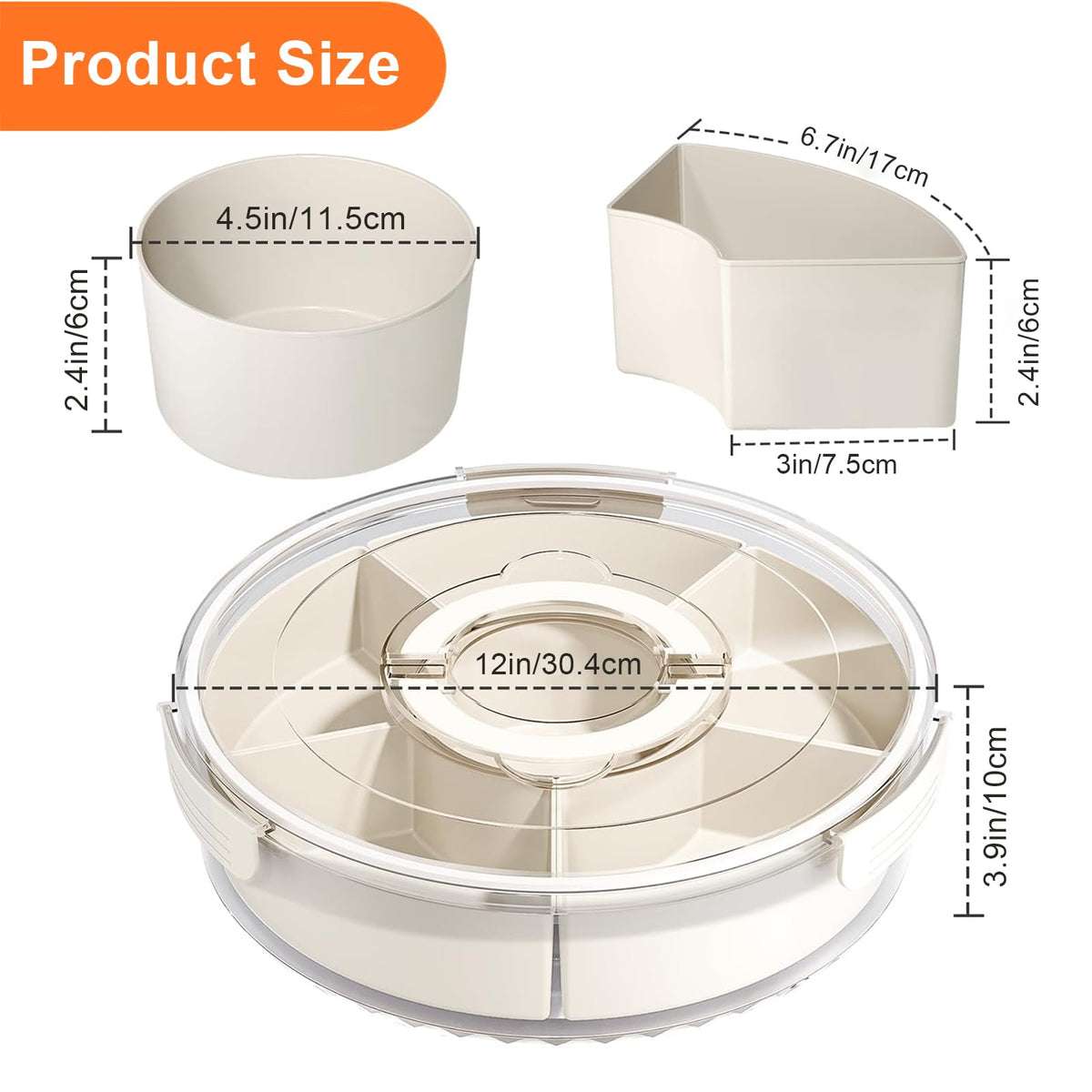 AYauGamA Rotating Divided Serving Tray, 6 Compartments with Lid and Handle, White