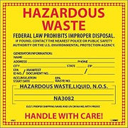 NMC HW7L Hazardous Waste Container Label, "Hazardous Waste (for Liquids)", 6" Width x 6" Height, Pressure Sensitive Vinyl, Red/Black on Yellow (Pack of 25)