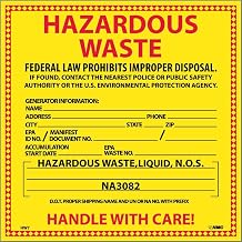 NMC HW7L Hazardous Waste Container Label, "Hazardous Waste (for Liquids)", 6" Width x 6" Height, Pressure Sensitive Vinyl, Red/Black on Yellow (Pack of 25)