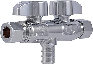 SharkBite 1/2 x 3/8 x 3/8 Inch Brass Crimp Angle Stop Valve, Dual Shut Off, Quarter Turn, PEX Pipe, PE-RT, UCDS123838Z