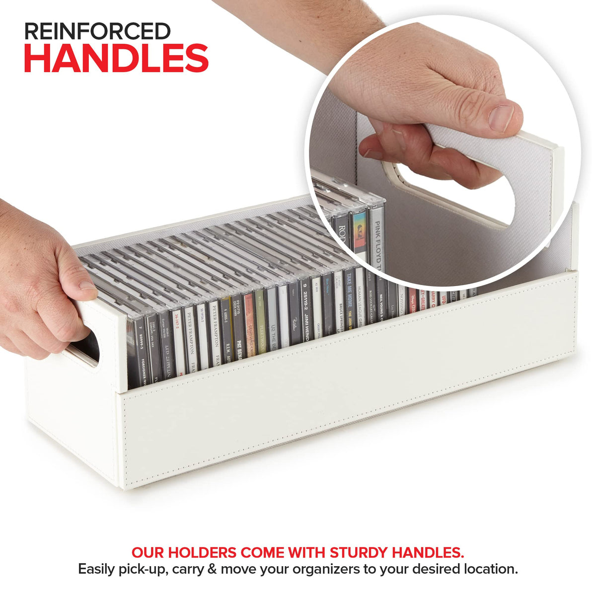 CD Storage Box by Stock Your Home – 17.73 x 6.25 x 5.5 inches, Faux Leather, White