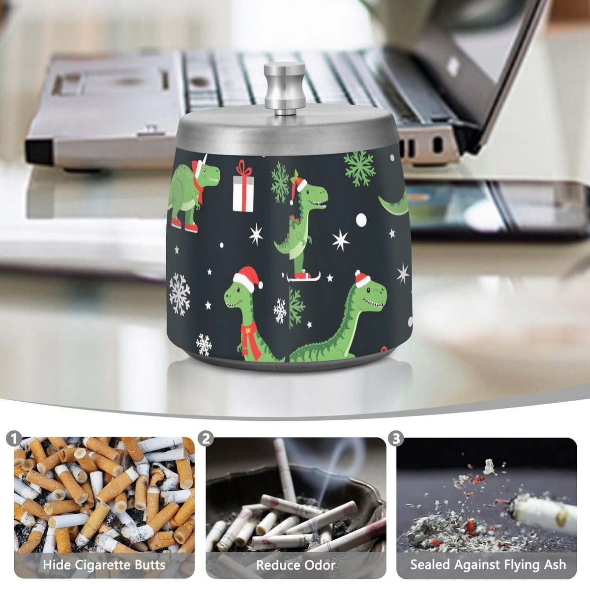 Christmas Dinosaur Pattern Splash Ashtray with Lid by ALAZA – Stainless Steel, C1180, Model g541129097p1082c1149s2657